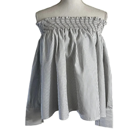 Aqua Pinstripe Off The Shoulder Blouse Size Small Seersucker Flowy Spring Summer - Picture 3 of 5
